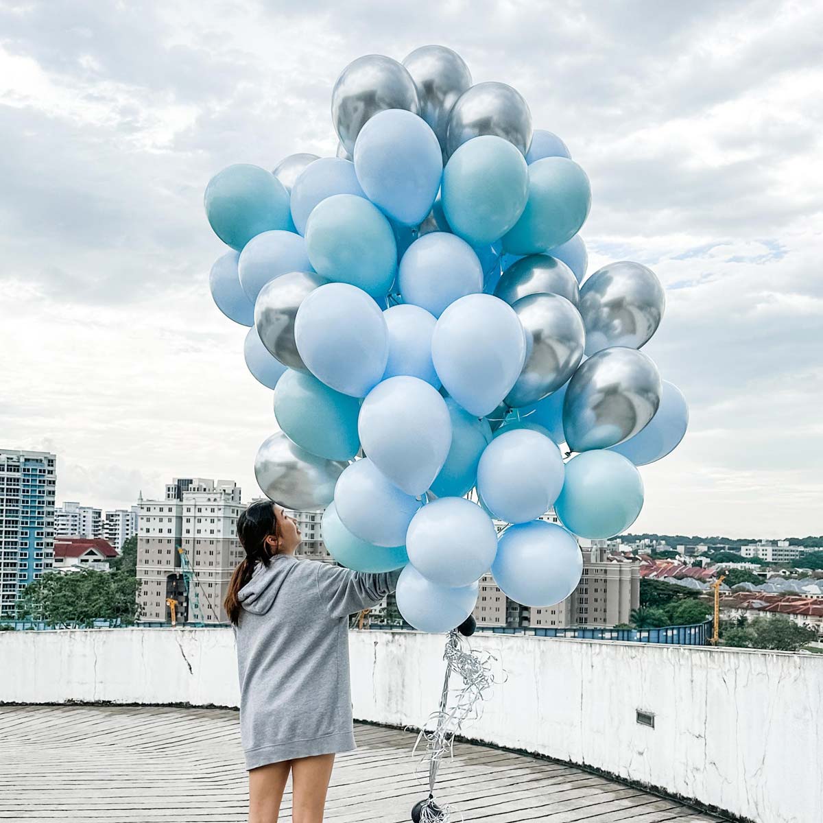 Helium Balloons Bouquet Pastel Light Blue, Pastel Tiffany, Chrome Silver