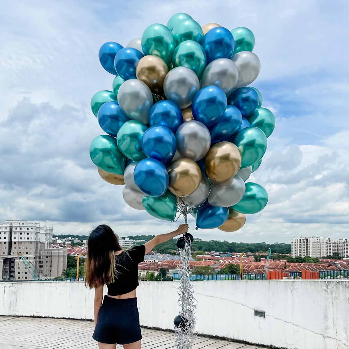 Helium Balloons Bouquet Chrome Blue, Chrome Green, Chrome Gold, Chrome Silver