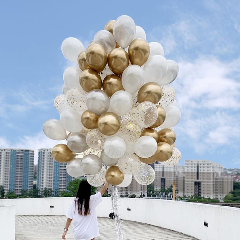 Helium Balloons Bouquet Chrome Gold, Pearl White, Pearl Silver & Confetti Blush Gold